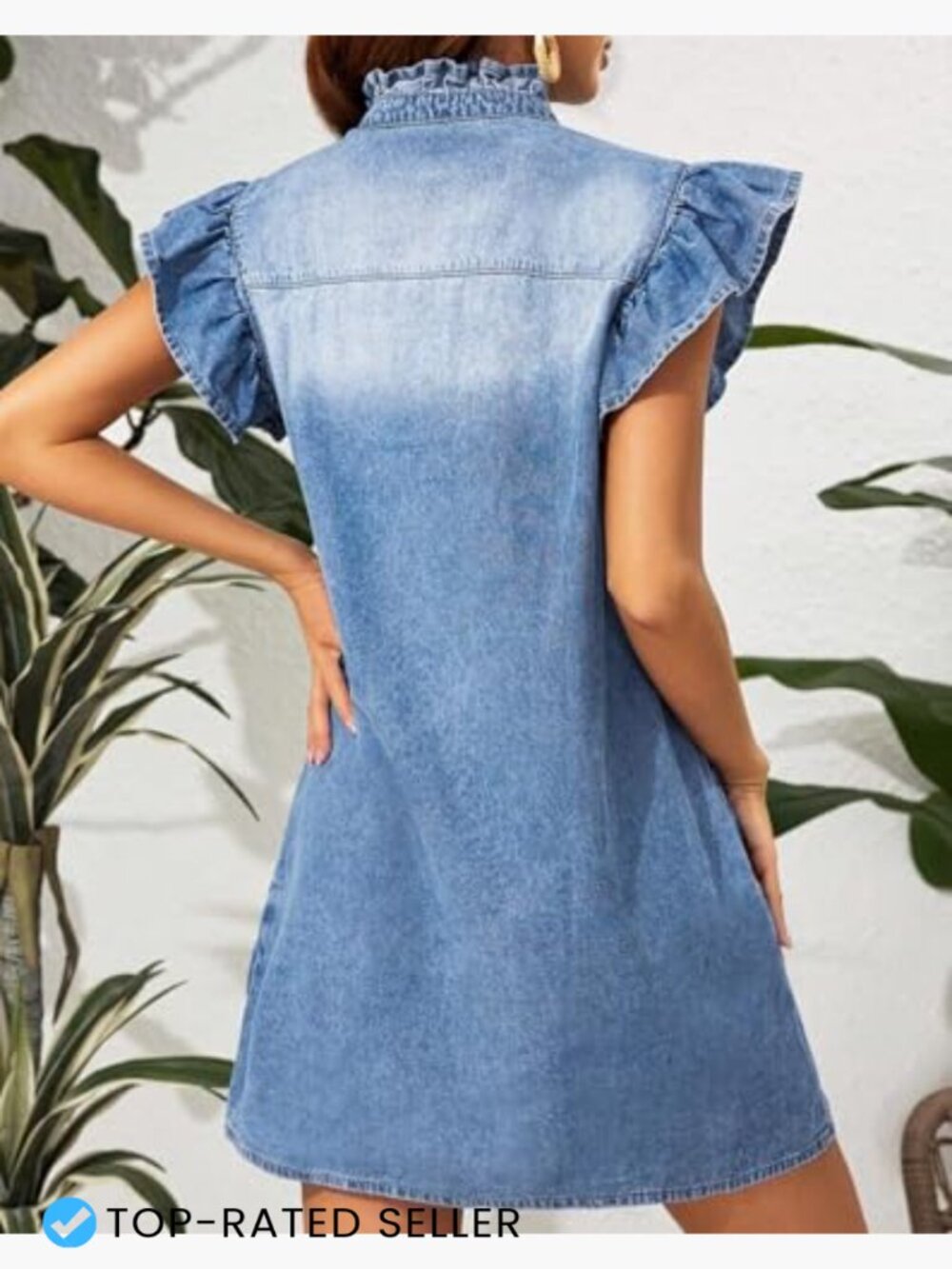 Denim Button Down Mini Dress Ruffle Sleeve Loose Fit Casual Summer - Picture 3 of 7